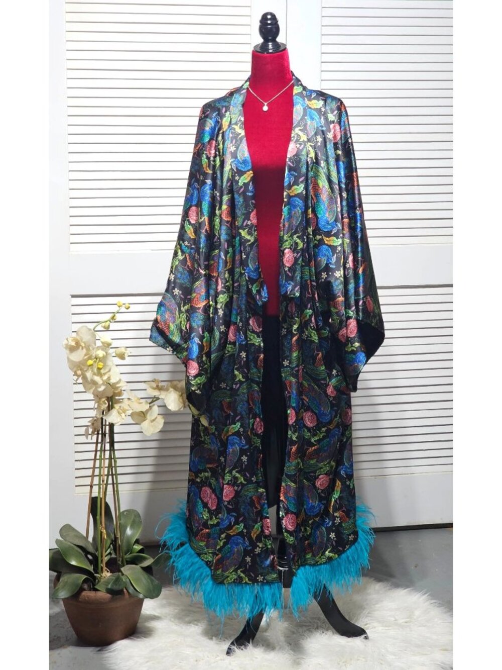 Ayasa Afi Women's Peacock Print Kimono Turquoise Feather Trim One Size 2883